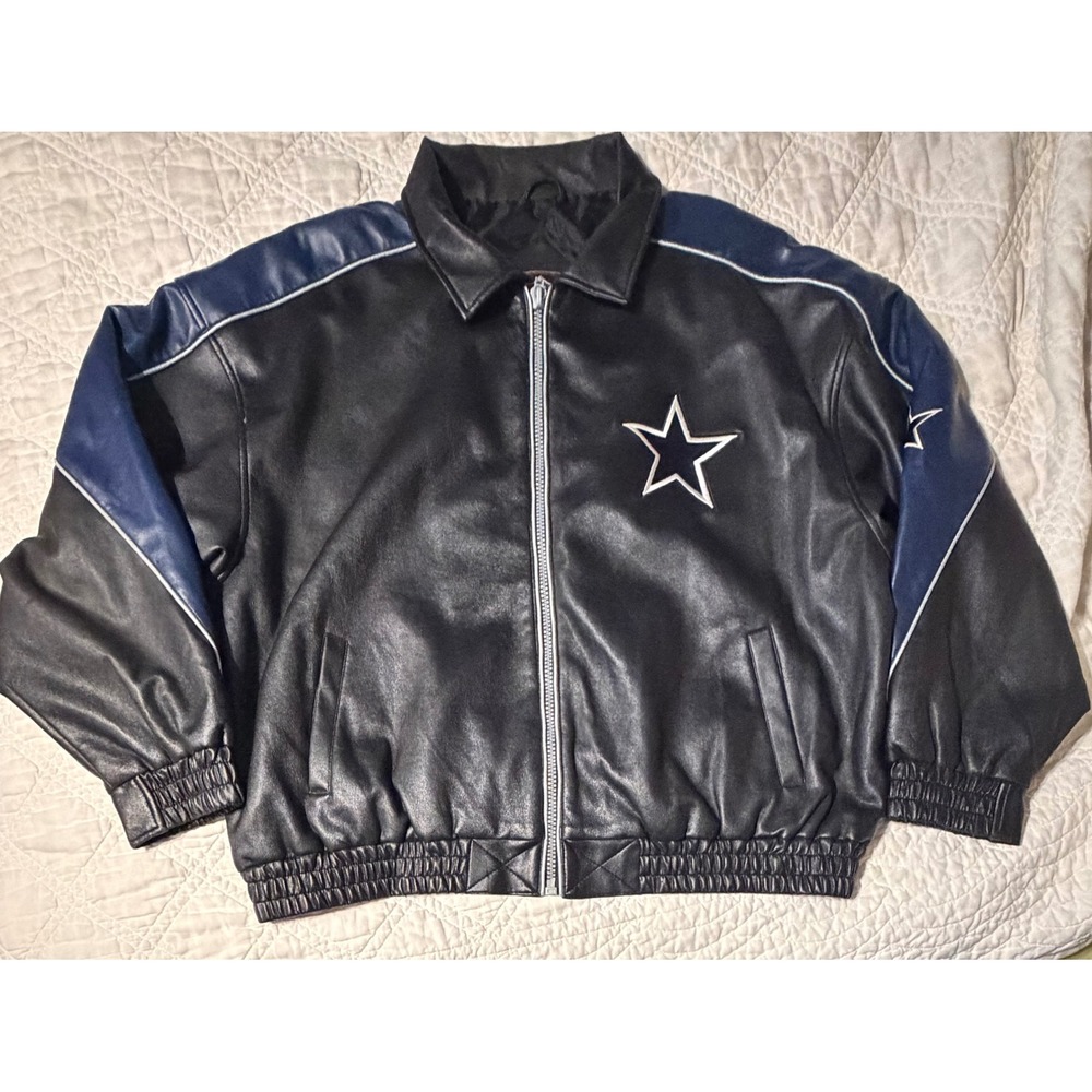 NFL Game Day Dallas Cowboys Faux Leather Bomber Jacket Mens XL Black Blue